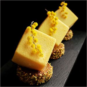 Mango & Orange Mousse Dessert with Vanilla Cream on Pistachio Financier Recipe - Spring Mimosa