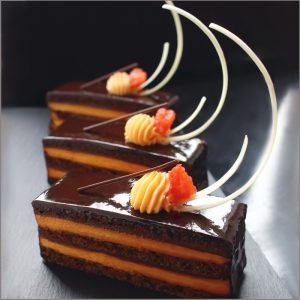 Orange Curd, Saffron Mascarpone Mousse, Dark Chocolate Ganache and Chocolate Brownie Sheet Cake ~ Orange Chocolate Opera