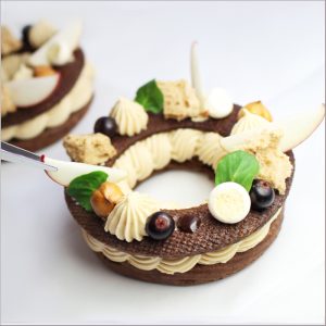 Chocolate Choux Pastry with Hazelnut Whipped Ganache, Apple Compote, Chocolate Sable and Hazelnut Sponge ~ Paris Brest Grunge