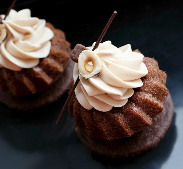 Chocolate Cupcakes with Coffee and Hazelnut Whipped Ganache on Chocolate Sable