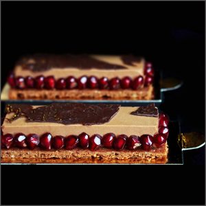 Chocolate Pomegranate Mousse on Chocolate Brownie Base with Fresh Pomegranate Seeds ~ The Ruby Island Dessert