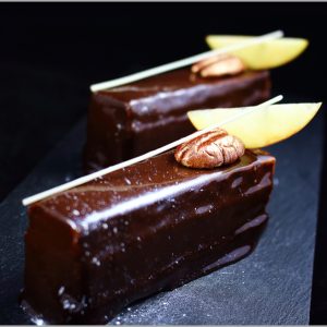 Apple Compote, Dark Chocolate Mousse, Pecan Dark Chocolate Brownie Sheet Cake ~ La Précision
