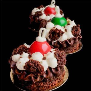 Orange Crémeux Christmas Baubles on Chocolate Ganache, White Chocolate Cream on Flourless Prune Brownie ~ Snowdrift Dessert Recipe