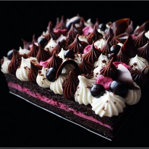 Black Currant Mousse with White Chocolate Cream and Dark Chocolate Ganache on Chocolate Financier Base ~ Black Currant and Chocolate Sheet Cake