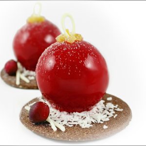 Ginger Chocolate Mousse with Cranberry Crémeux on Chocolate Linzer Cookies ~ Christmas Bauble Desserts