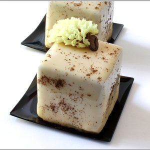Cappuccino Cube Dessert Coffee Mousse with White Chocolate Creamy Center and Brownie on Coffee Sable Base