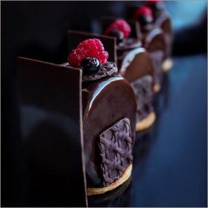 Black Currant Mousse Dessert with Chocolate on Hazelnut Sable Base ~ Le Virage Desserts
