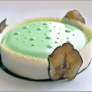 Pear Compote with Caramel Wrapped in Pear Mousse with Pear Crumble on Almond Dacquoise ~ Tres Peras Entremet