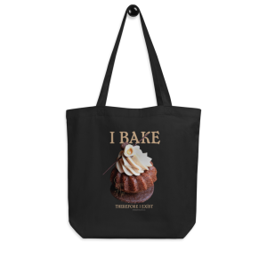 I Bake Therefore I Exist Black Eco Tote Bag with Hazelnut Cupcake