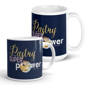 Pastry is my Superpower White and Navy Pastry Art Mug with Mango Tart