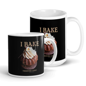 I Bake Therefore I Exist White and Black Glossy Ceramic Mug with Hazelnut Cupcake